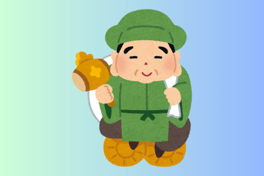 ilustração de um dos sete deuses da sorte japoneses, o deus daikokuten segurando seu martelo mágico.