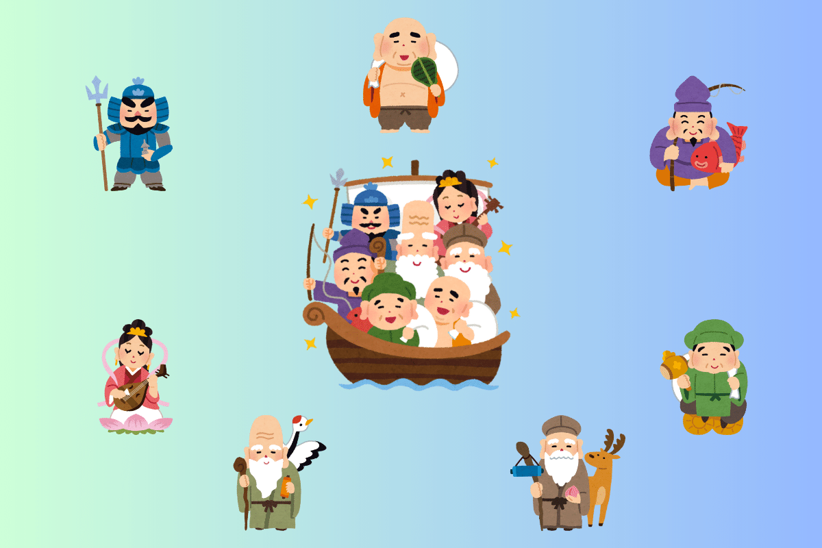 imagem dos sete deuses da sorte e seu barco para ilustrar o conteúdo do texto.