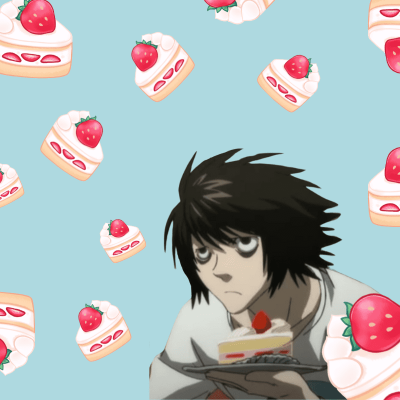 Imagem de L segurando um shortcake de morango, com varios bolos ao seu redor.