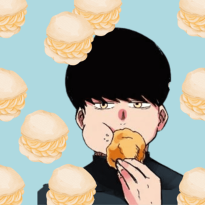 Imagem do personagem mash do anime mashle magia e músculos, comendo um choux cream.