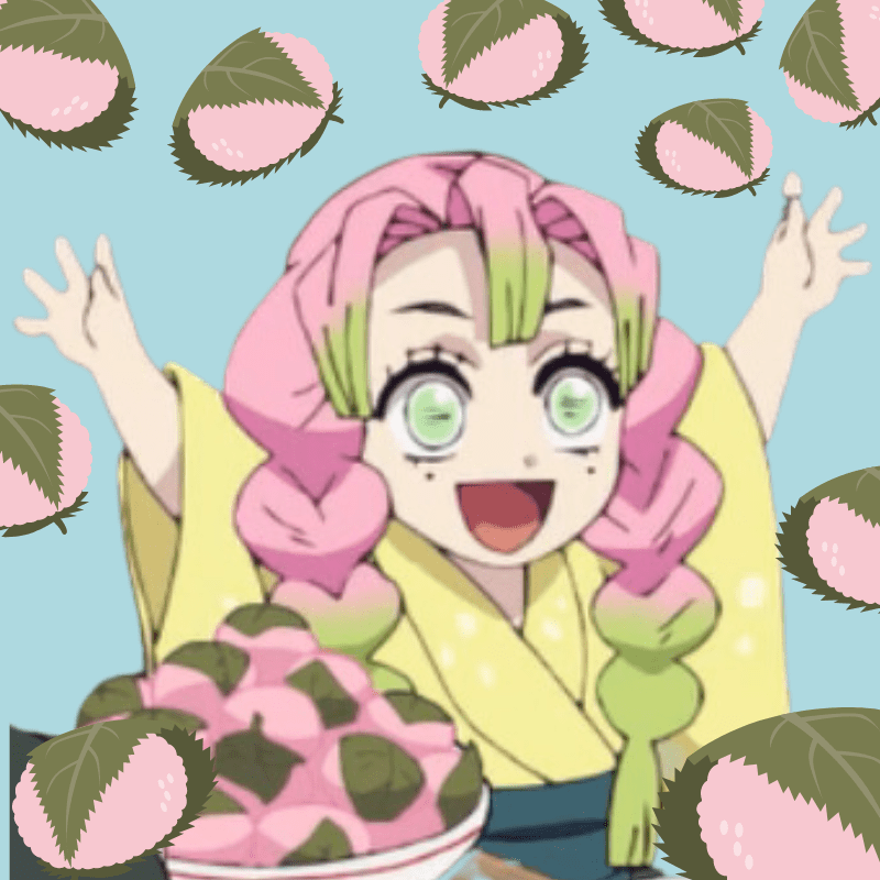 Imagem de Mitsuri de Kimetsu no yaiba rodeada por vários sakura mochi.