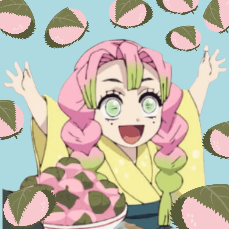 Imagem de Mitsuri de Kimetsu no yaiba rodeada por vários sakura mochi.