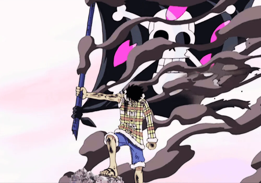 Luffy com a bandeira pirata do dr Hiriluk, que é uma caveira com pétalas de sakura.