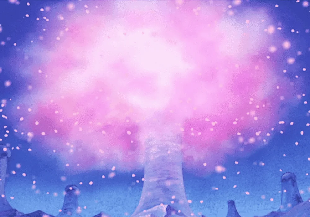Cena da arvore de sakura enorme que aparece em one pice e que da o nome do país de sakura kingdom.
