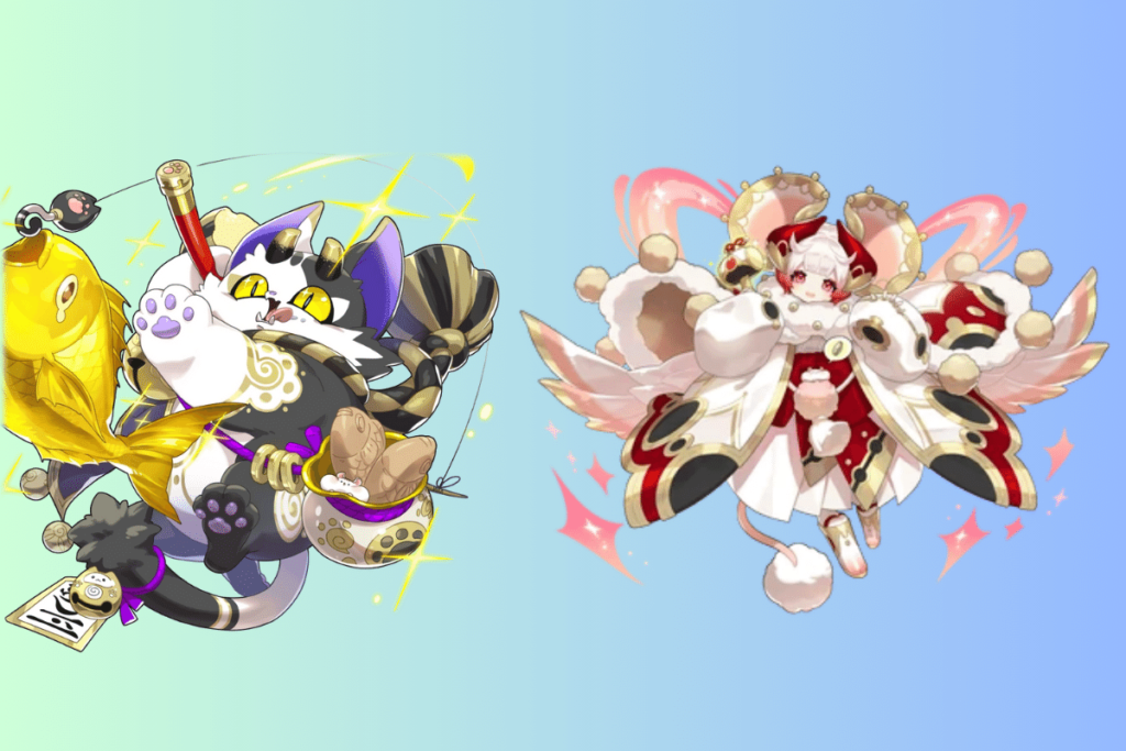 imagens dos personagens do jogo dragalia lost, o deus ebisu em forma de gato, com uma vara de pesca, e daikokuten com orelhas de rato e um martelo magico nas mãos.