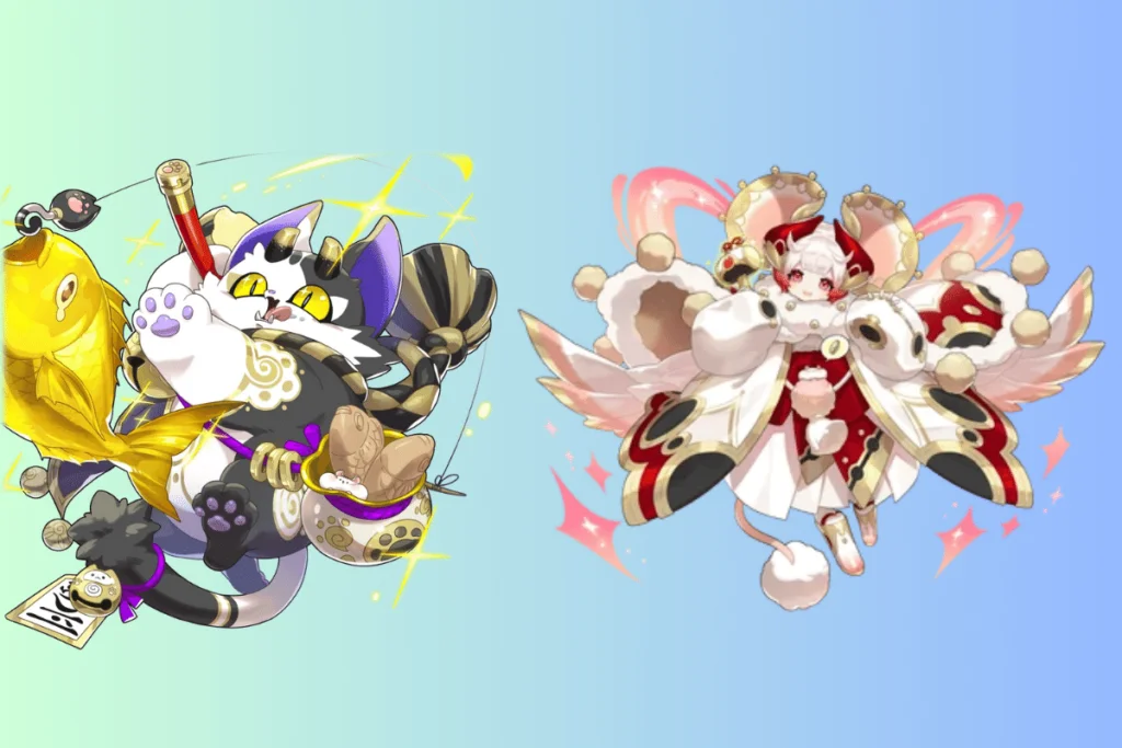 imagens dos personagens do jogo dragalia lost, o deus ebisu em forma de gato, com uma vara de pesca, e daikokuten com orelhas de rato e um martelo magico nas mãos.