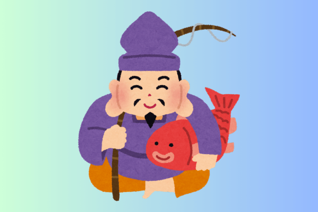 imagem de ebisu, um dos sete deuses da sorte, , nessa imagem ele segura sua vara de pesca e um grande peixe.