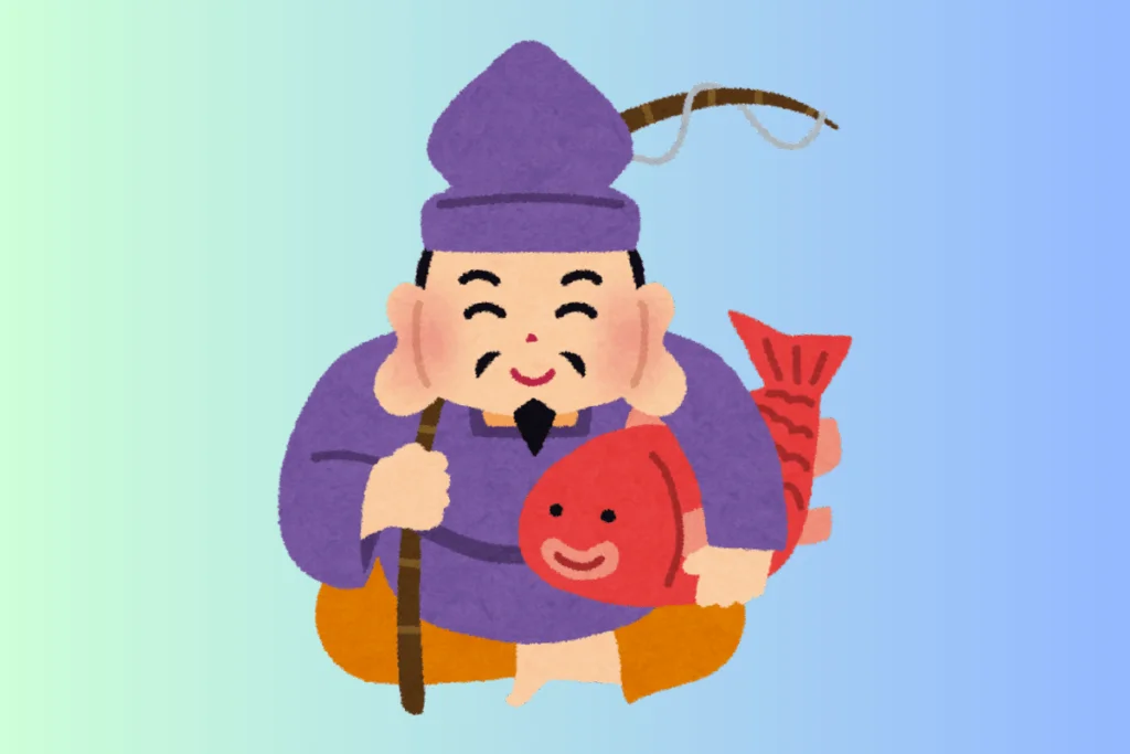 imagem de ebisu, um dos sete deuses da sorte, , nessa imagem ele segura sua vara de pesca e um grande peixe.