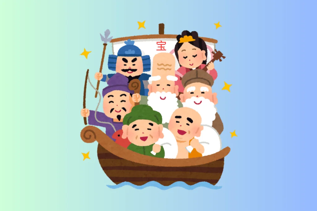 ilustração dos sete deuses da sorte tripulando seu navio dos tesouros, o takarabune.