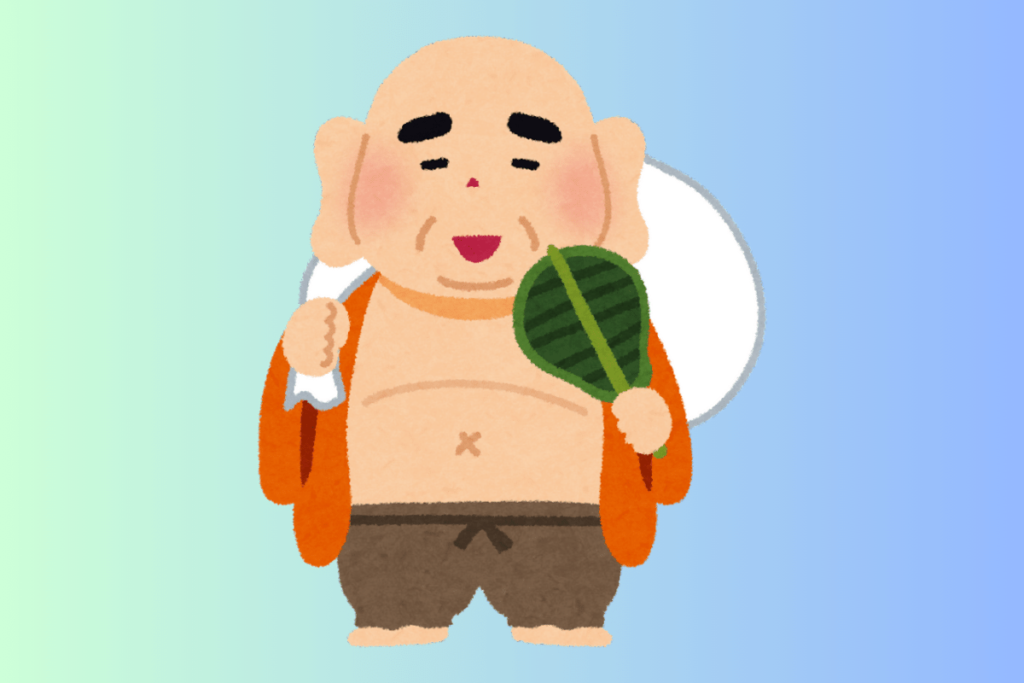 imagem do deus hotei, com uma grande bolsa de pano nos ombros e um leque em sua mão.
