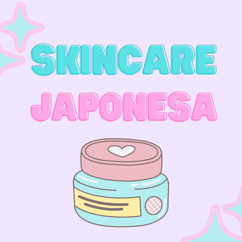 Imagem com o texto "skincare japonesa" e a ilustração de um pote de creme com um coração desenhado na tampa.