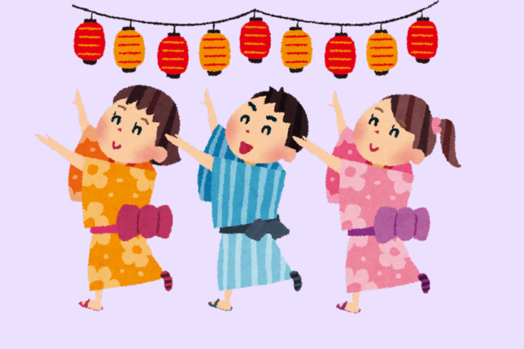 ilustração de 3 pessoas dançando o bon odori