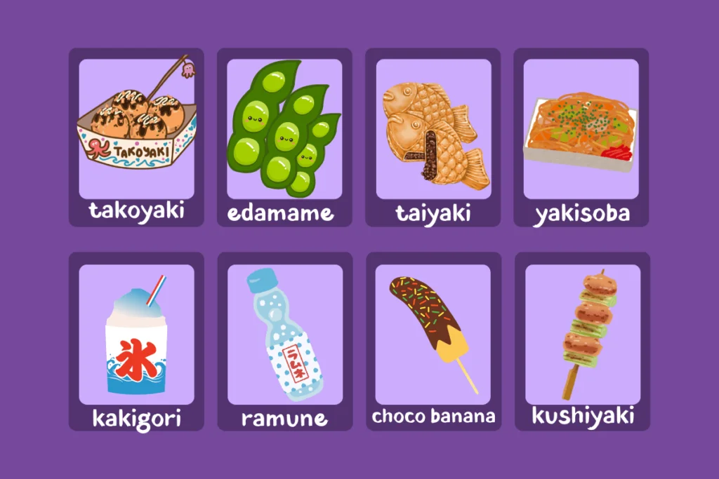 infográfico das comidas populares de matsuri. takoyaki, edamame, taiyaki,yakisoba, kakigori,ramune, choco banana e kushiyaki.