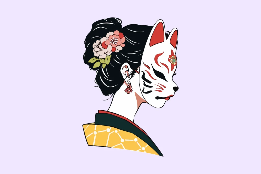 ilustração de uma gueixa usando uma máscara de kitsune.