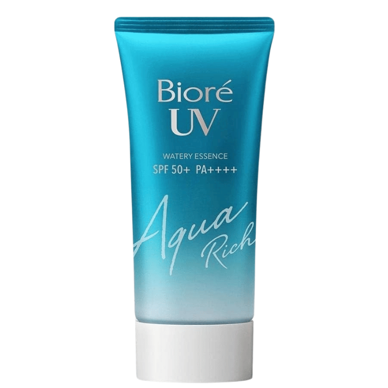 bisnaga do protetor solar aqua rich da bioré. é uma bisnaga azul com a tampa branca. 