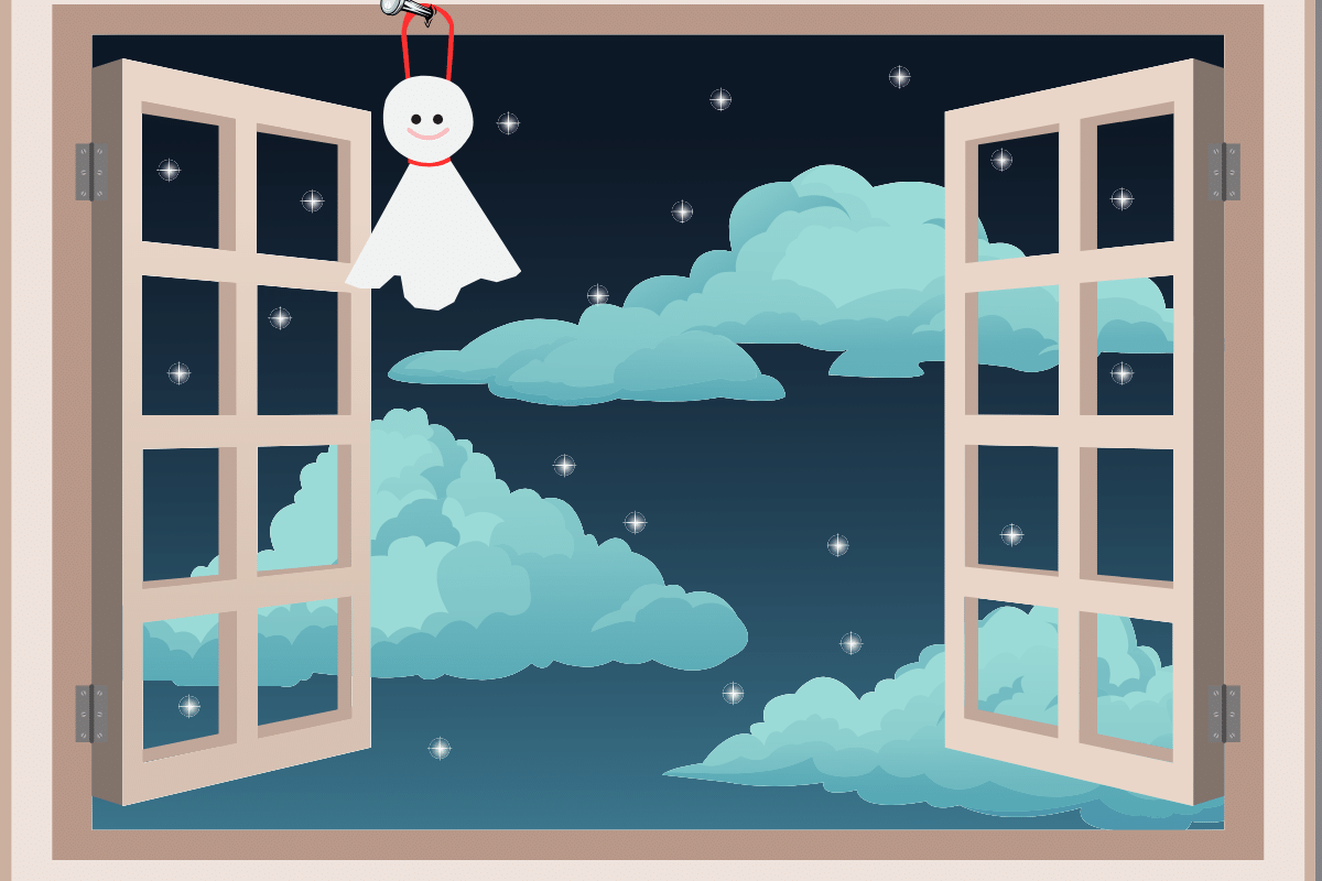 teru teru bozu pendurado na janela com o céu noturno ao fundo