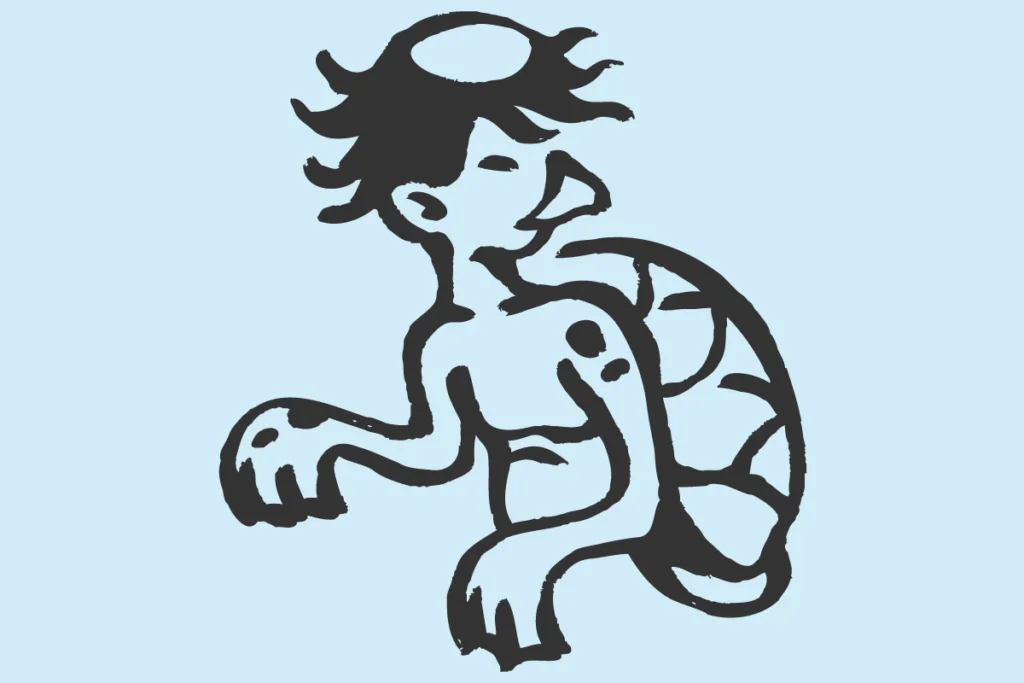 ilustração de um yokai kappa, com bico, casco de tartaruga e reservatório de agua na cabeça.