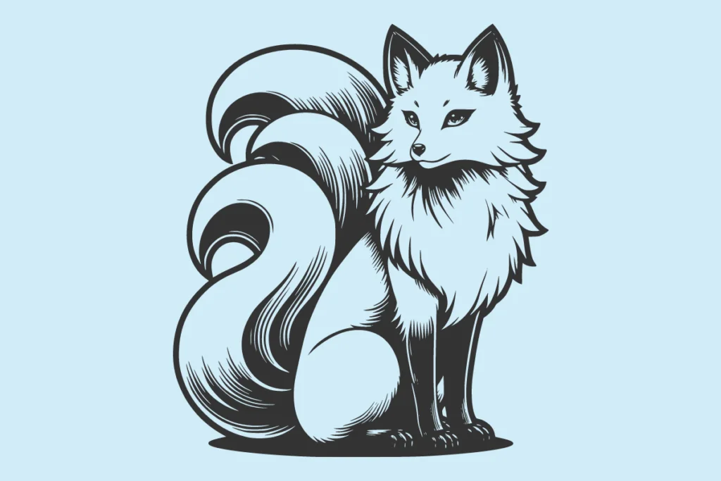 ilustração de uma raposa kitsune com três caudas.