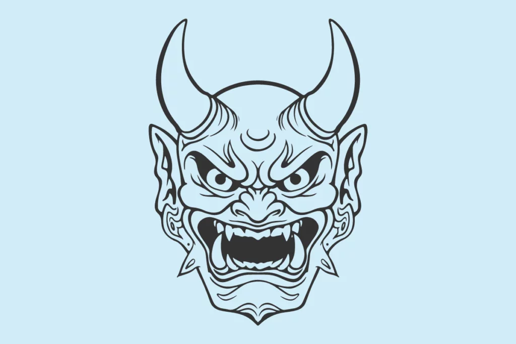 ilustração de uma máscara oni. com grandes chifres e presas.