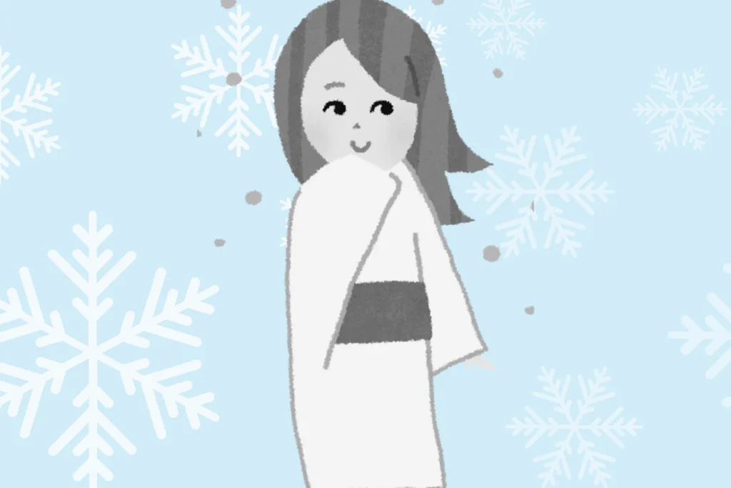 ilustração de uma yuki onna, com flocos de neve.