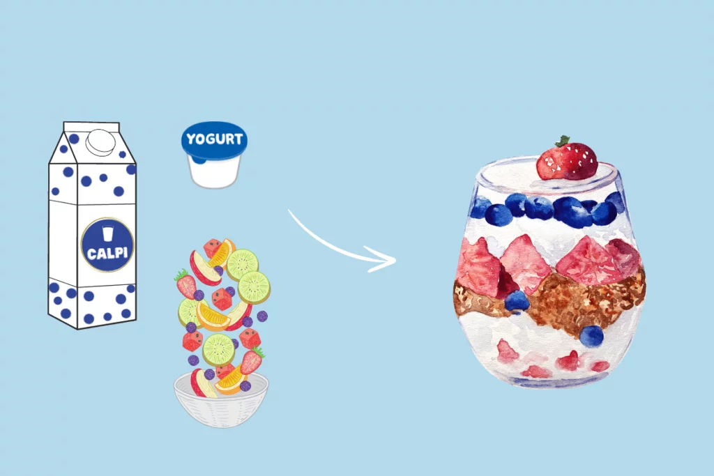 Imagens da caixa de calpis, frutas, iogurte e sobremesa pronta.