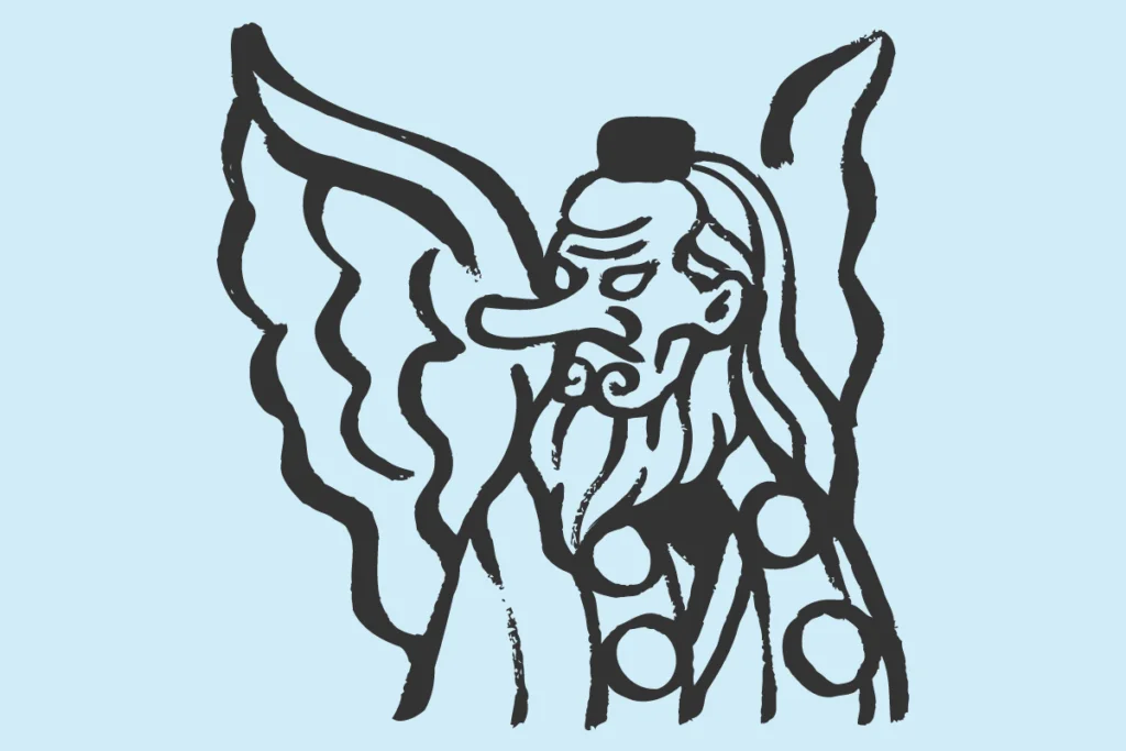 Ilustração de um tengu, com nariz bem grande e asas.
