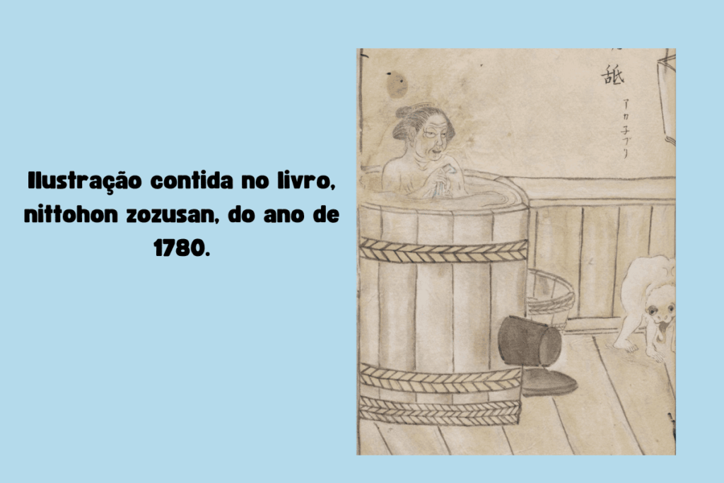 Ilustração contida no livro Nittohon Zozusan de 1780.
Uma velha dentro do ofurô e uma criatura de 4 ao seu lado com a língua para fora.