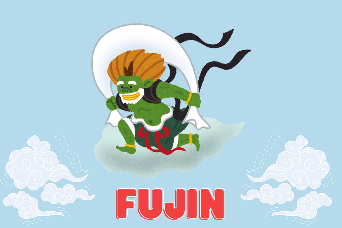 Deus fujin em uma nuvem, com sua pele verde e saco de vento no pescoço.