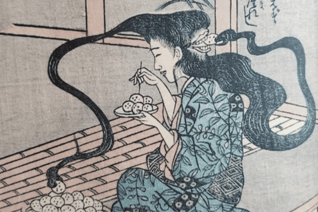Yokai futakuchi onna se alimentando. cabelos levando a comida até sua segunda boca