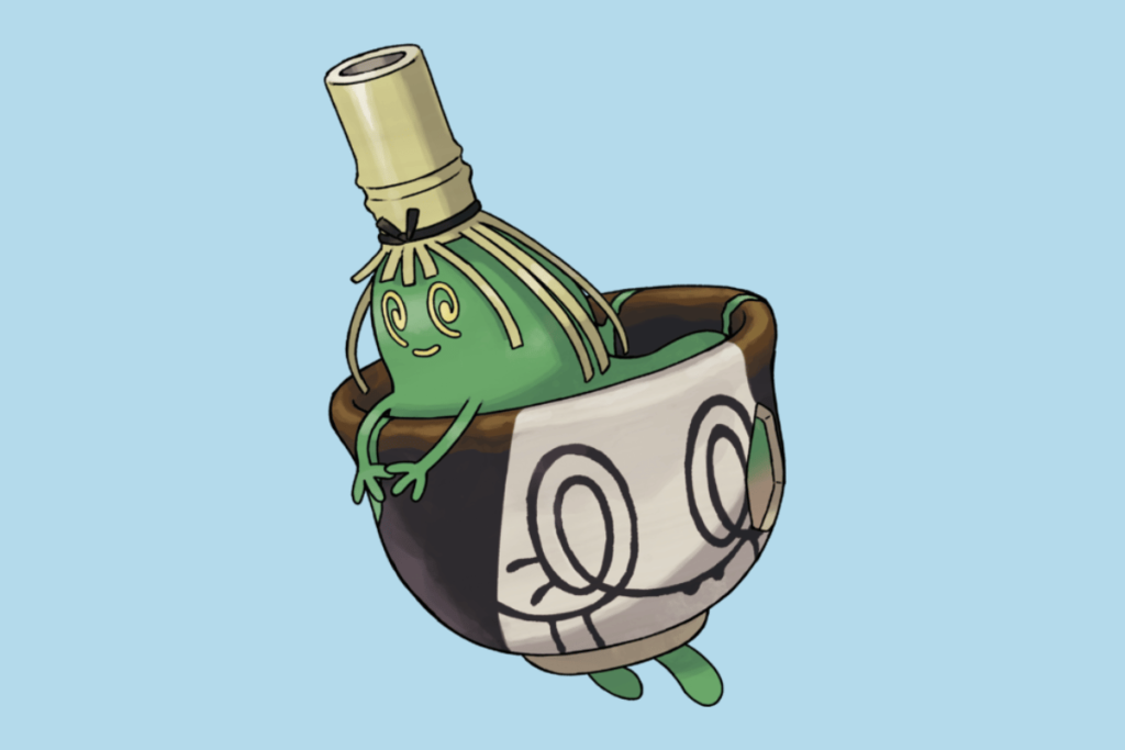 Pokémon sinistcha, exemplo de tsukumogami que é uma xícara de chá verde.