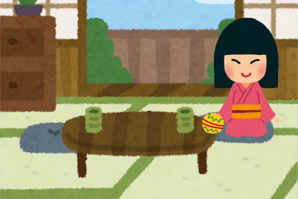 ilustração de um zashiki warashi, menina sentada em um quarto de tatamis