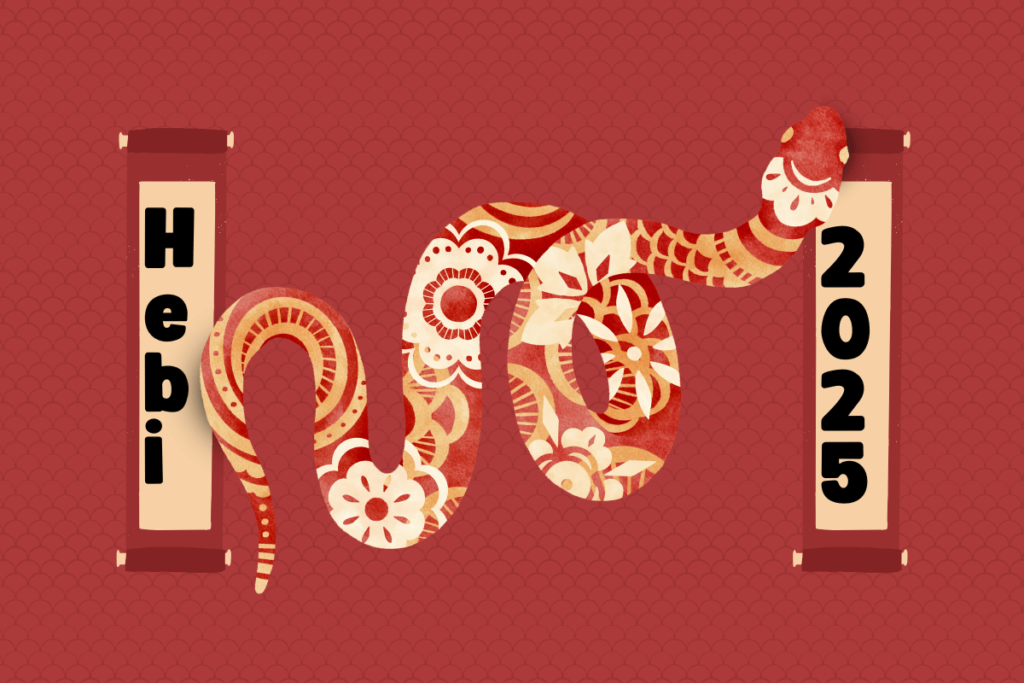 Cartaz de ano novo com imagem do signo japones regente daquele ano- 2025, ano da cobra