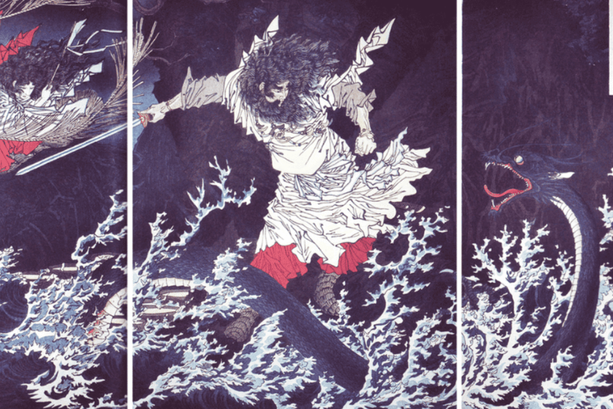 criaturas da mitologia japonesa- susanoo derrotando yamata no orochi