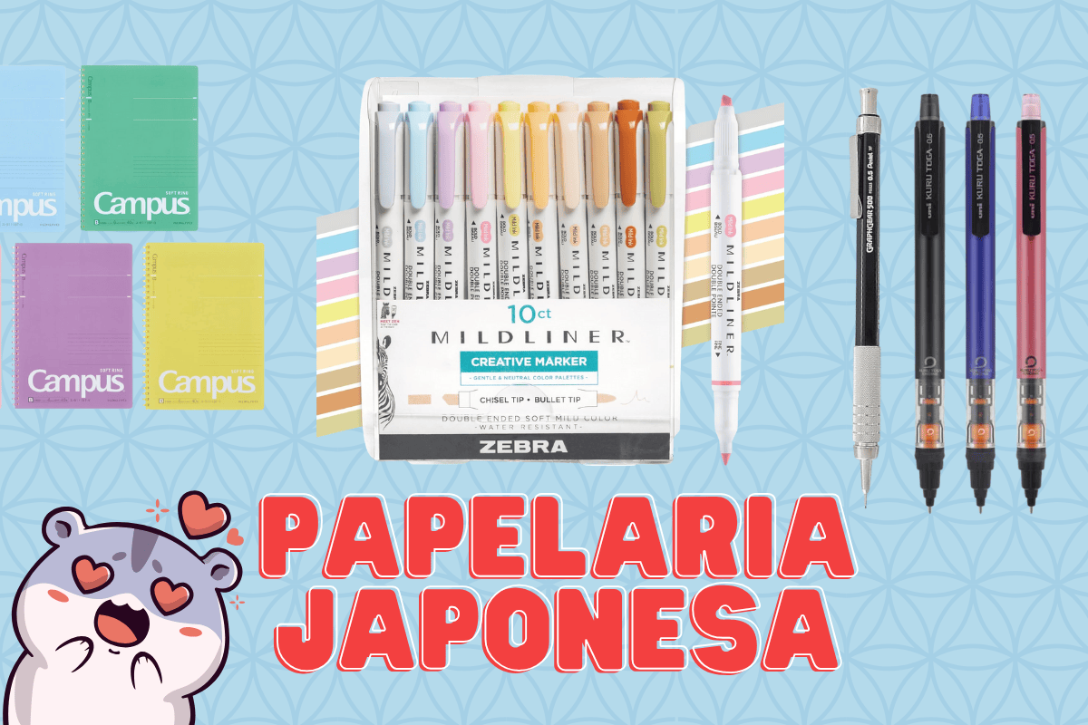 imagens de itens das marcas de papelaria japoonesa, canetas, lapiseiras e cadernos